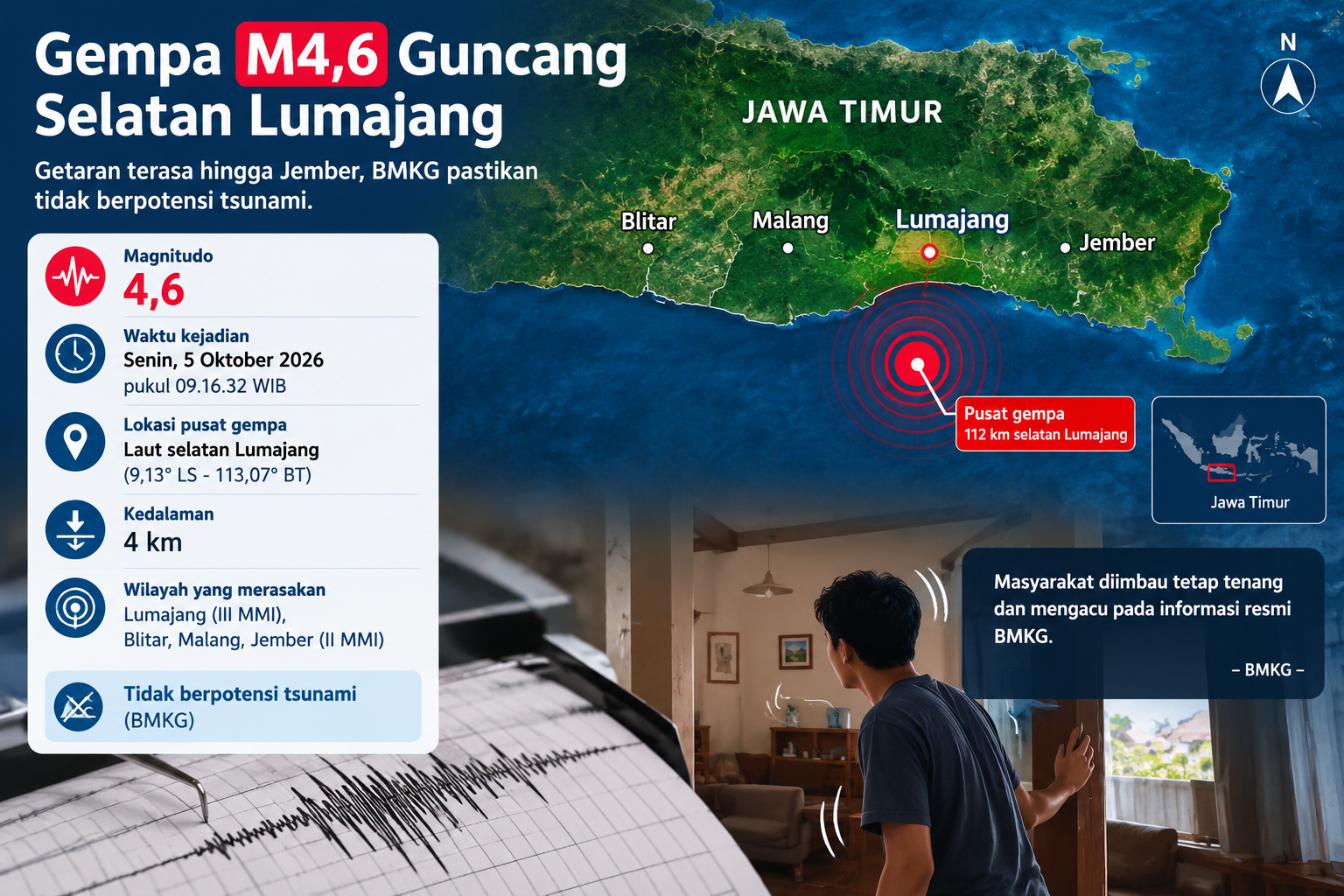 Gempa M4,6 Guncang Selatan Lumajang, Getaran Terasa hingga Jember