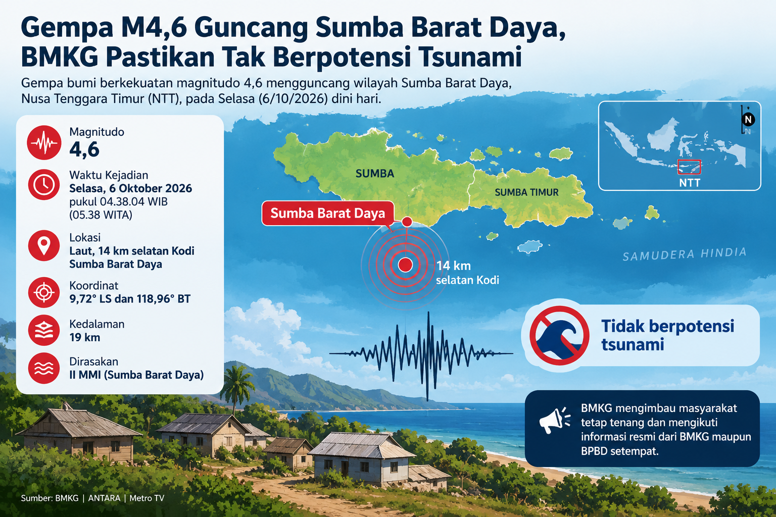 Gempa M4,6 Guncang Sumba Barat Daya, BMKG Pastikan Tak Berpotensi Tsunami